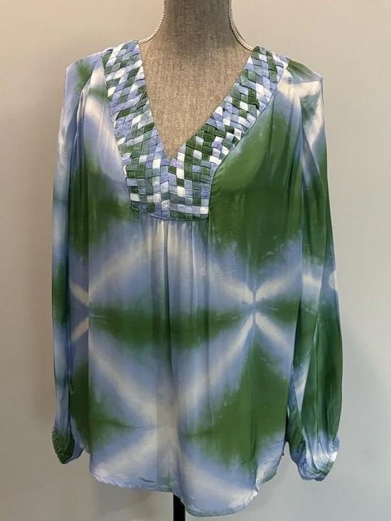 La Petite Francaise Barbara Tie Dye Tunic Braided V Neck Green Size Large - Picture 2 of 14